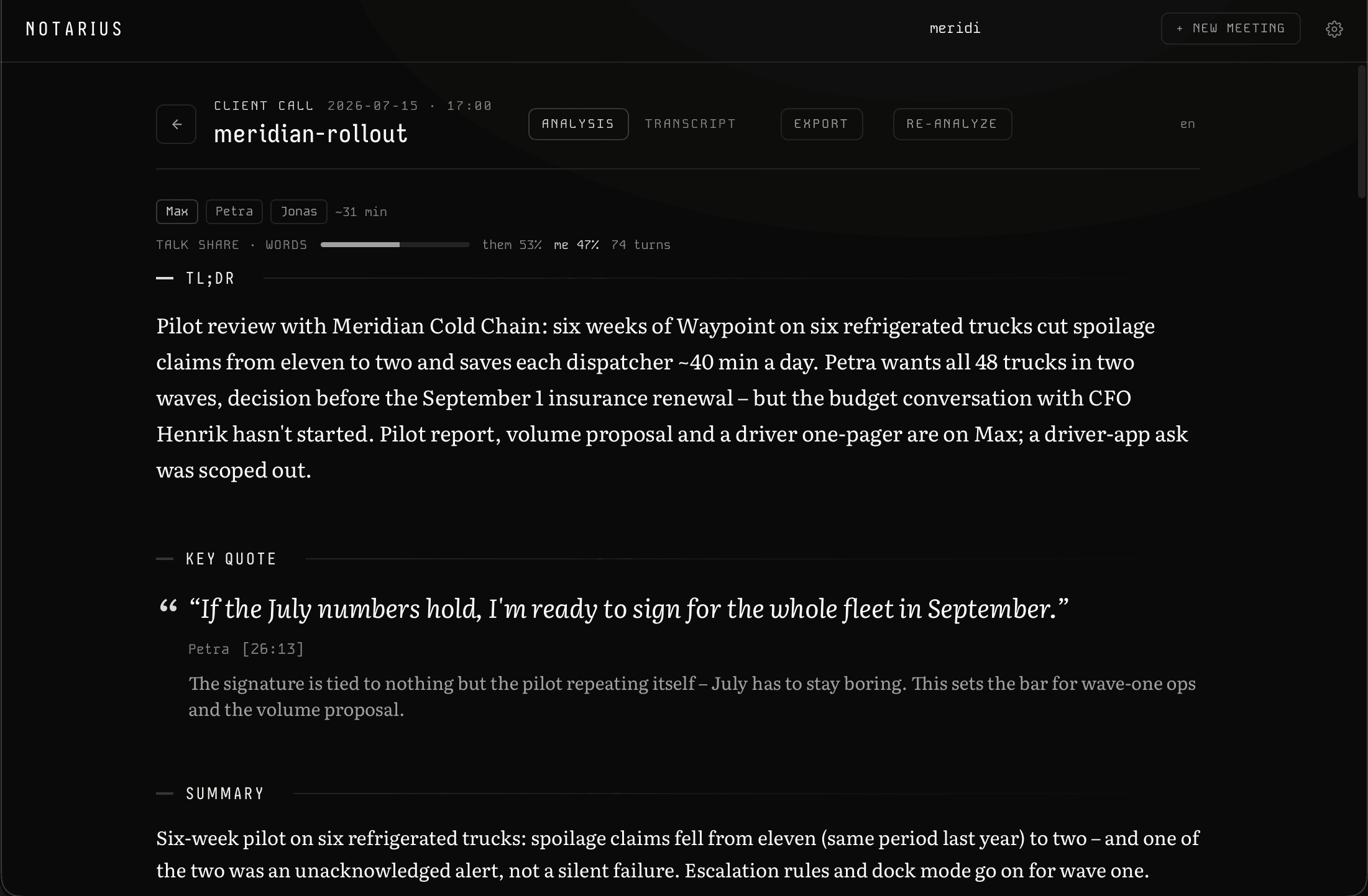 Notarius main window showing an analyzed client call: TL;DR, key quote and summary