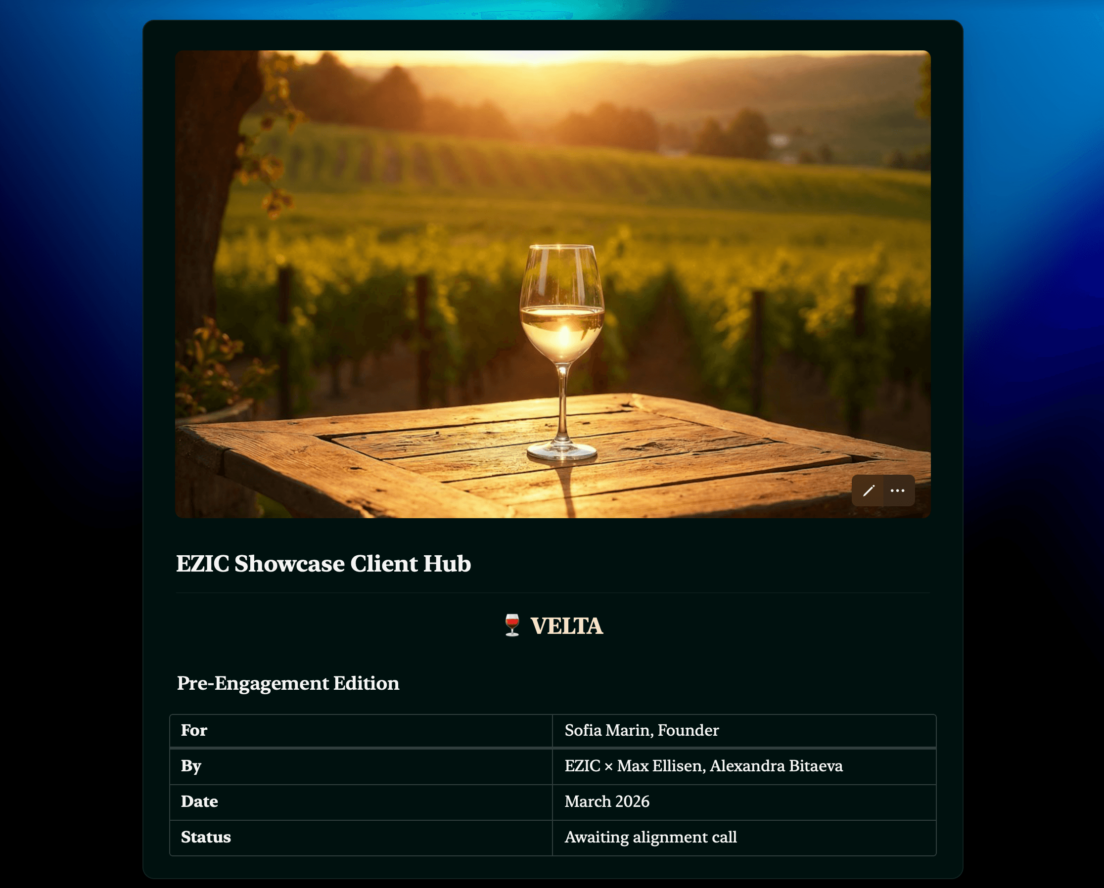 EZIC showcase client hub cover page with project title, team, date, and status