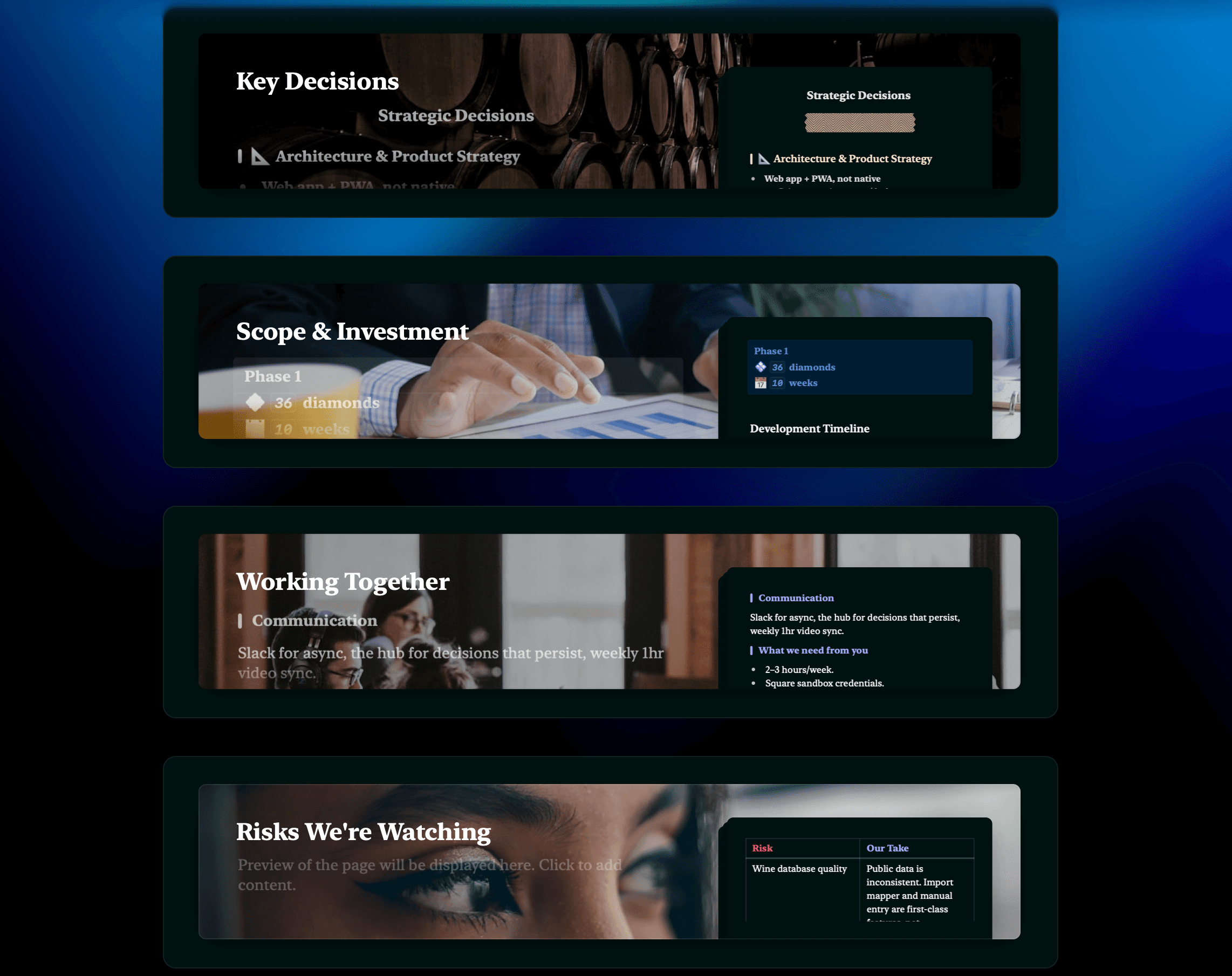 EZIC client hub sections covering key decisions, scope and investment, collaboration, and risks